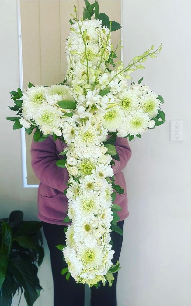 White sympathy cross( floral foam base)