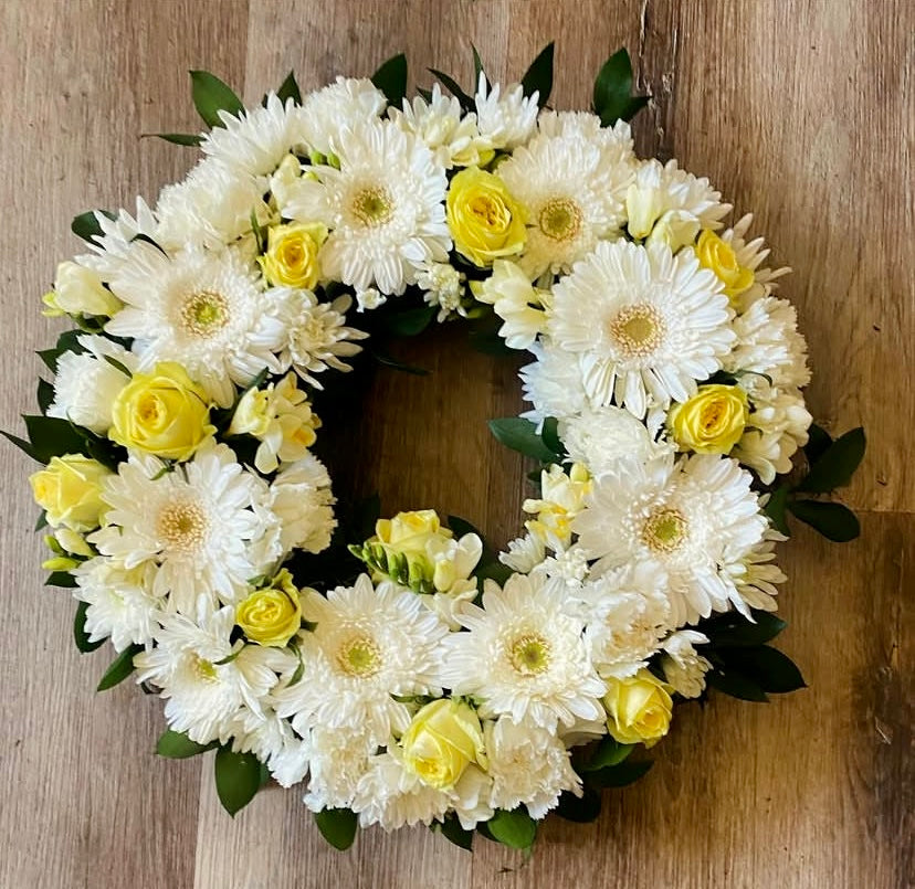 White&yellow sympathy wreath(floral foam base)