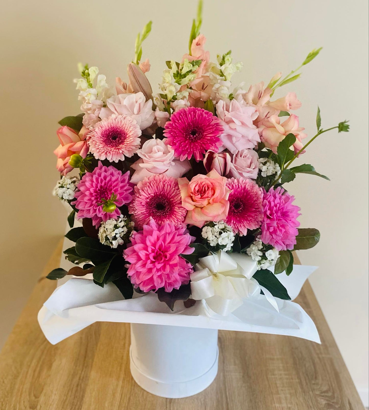 Mother's day florist choice hat box arrangement
